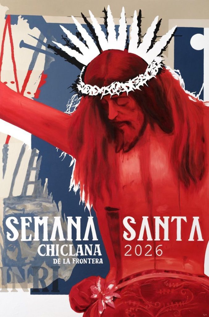 Cartel oficial de la Semana Santa de Chiclana de la Frontera 2026 con una ilustración artística de Cristo, representando el inicio de las celebraciones religiosas, procesiones y rutas gastronómicas por el centro histórico chiclanero.